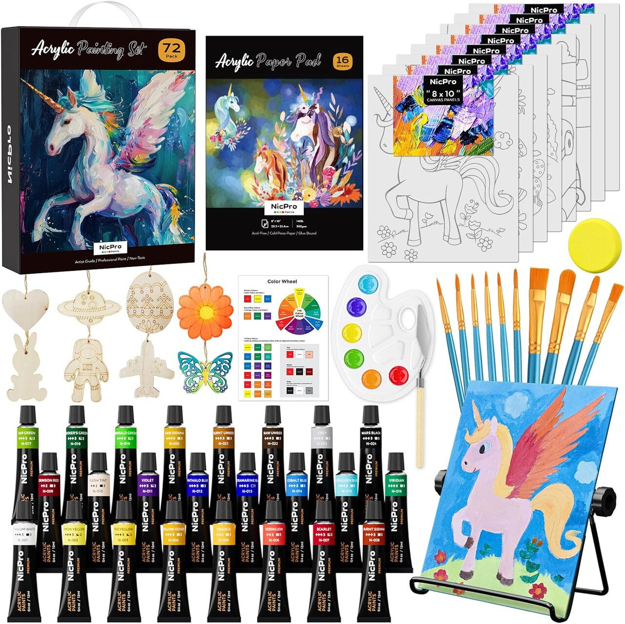 72PCS Kids Painting Set with Pattern Canvas, Art Painting Supplies Kit with 24 Acrylic Paints,10 Brushes, 8 Canvas Panels,Table Easel,Paper Pad,Color Wheel,Palette for Beginner Student Toddlers